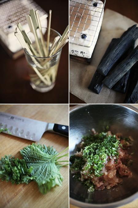 soaking bamboo skewers; hida konro and binchotan; chiffonade; mix for tori no tsukune