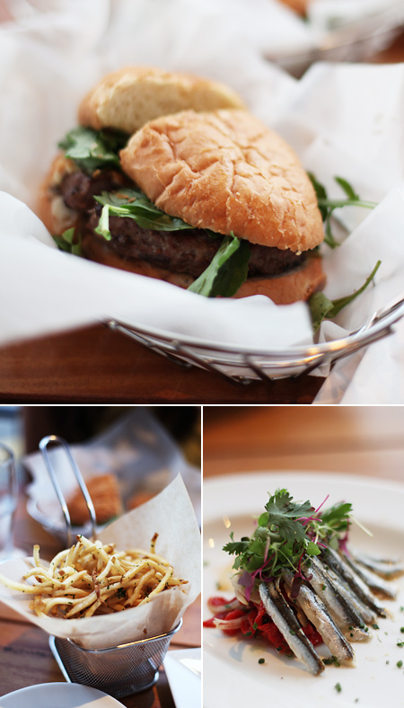 office burger; white anchovies; basket of fries