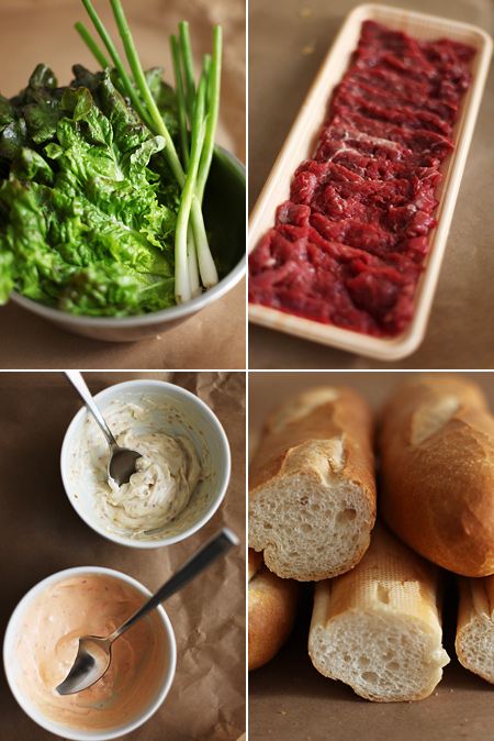 red leaf lettuce; beef; baguette; sesame and chili mayo